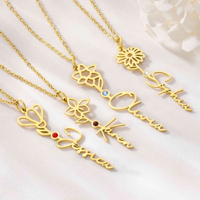 Birth Flower Name Necklace with Birthstone, Her Name, Her Birth Flower, Her Birth Stone All in One Jewelry Gift For Mom, Grandma, Aunt