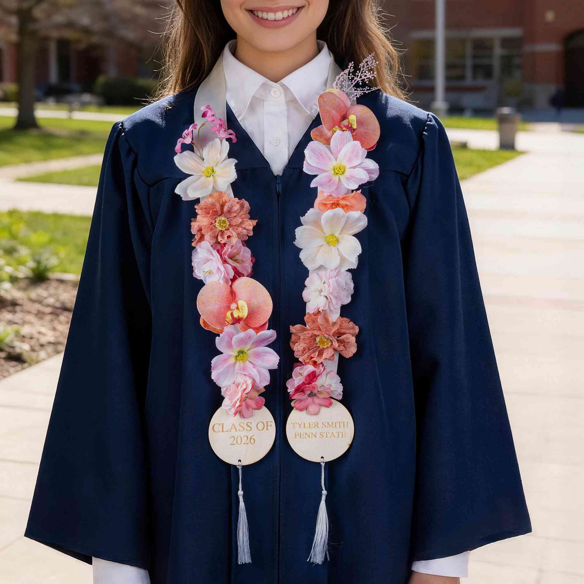 Custom Colorful Floral Grad Stole Lei with Wooden Tags, Handmade Orchid Grad Ribbon Sash for Ceremony/Photoshoot, Gift for Graduates/Daughter/Her