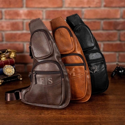 Personalized Name Minimalist Crossbody Sling Bag, PU Leather Monogrammed Chest Bag, Birthday/Anniversary/Father's Day Gift for Husband/Dad/Grandpa/Men