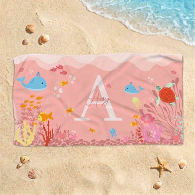 Custom Cartoon Marine Animals Alphabet Beach Towel with Name, Quick Dry Microfiber Bath Towel, Vacation/Beach Party Favor, Gift for Kids/Boys/Girls