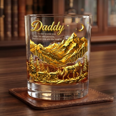 Personalized Names Daddy Wolf Family & Mountains Whiskey Glass, 10oz Bourbon Old Fashioned Glass, Birthday/Father's Day Gift for Husband/Dad/Grandpa