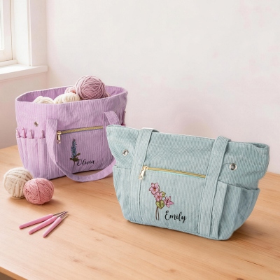 Custom Birth Flower Corduroy Crochet Handbag with Name,  Multi-Pocket Knitting Yarn Storage Tote Bag, Birthday Gift for Mom/Grandma/Crochet Lovers