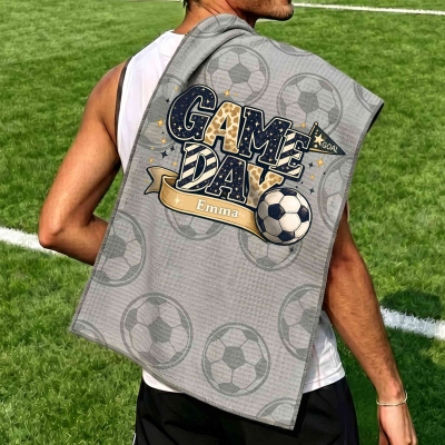Custom Name Soccer Leopard Print Waffle Weave Sweat Towel, Absorbent Game Day Sports Towel with Hanging Clip, Gift for Soccer Fans/Football Lovers