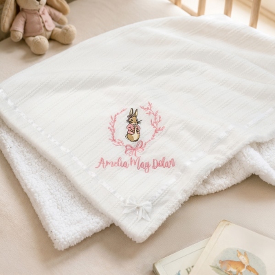 Personalised Bow Baby Blanket, Custom Bunny Blanket, Embroidered Baby Name Blanket, Baby Shower Gift Keepsake