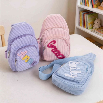 Personalized Name Yarn Corduroy Mini Sling Bag, Multicolor Crossbody Travel Purse, Children's Day/Christmas/Birthday Gift for Kids/Toddlers