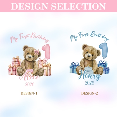 Personalized Name & Year Teddy Bear My First Birthday Gift Bag with Bow Ribbon & Card, PVC Transparent Bag, Baby Shower/Birthday Gift for Newborns