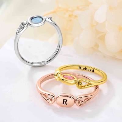 Personalized Engraved Initial Opal Flip Ring, Dainty Sterling Silver 925 Reversible Promise Ring for Women, Birthday/Anniversary Gift for Her/Couple