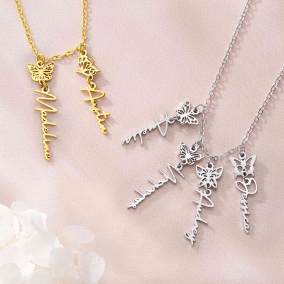 Personalized 1-8 Birth Butterfly Hanging Family Necklace with Name, Dainty Sterling Silver 925 Jewelry, Birthday/Mother's Day Gift for Mom/Grandma/Her