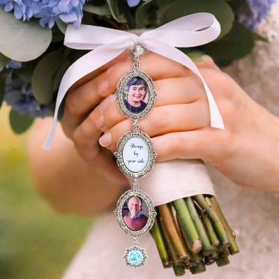 Personalized Vintage Wedding Bouquet Photo Charm, 1-5 Hanging Photo & Text Ornate Charm, Sentimental Keepsake, Wedding/Remembrance Gift for Bride/Her