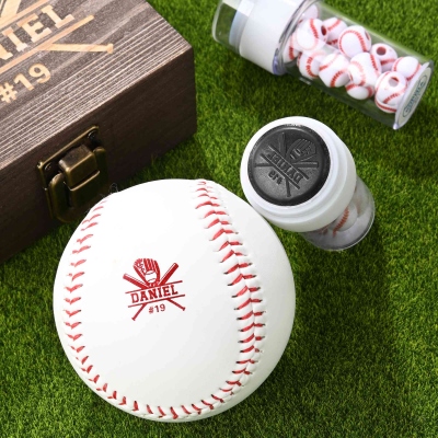 Personalized Baseball Stamp with Name & Number, Multi-Color Ink Stamp with Wooden Box, Birthday/Anniversary Gift for Baseball Lovers/Players/Coaches