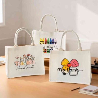 Personalized Cute Teacher Themed Cartoon White Tote Bag with Name, Large Capacity Canvas Handbag, Birthday/Appreciation Gift for Teachers/Her/Women