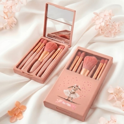 Personalized Name Cute Ballet Bunny 5PCS Makeup Brush Set with Mirror, Portable Travel Accessories, Birthday/Wedding Gift for Her/Friends/Bridesmaids