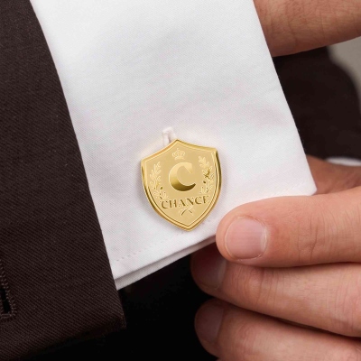 Personalized Engraved Initial Shield Crest Cufflinks with Name, Elegant Formal Cufflinks for Men, Birthday/Father's Day Gift for Husband/Dad/Boyfriend