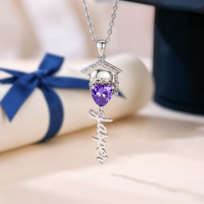 Personalized Graduation Cap Necklace with Name & Heart Birthstone, Class of 2026 High School/College Graduation Mementos Jewelry, Gift for Graduates
