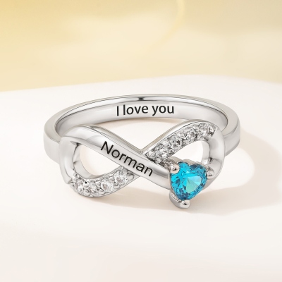 Personalized Name Engraved Infinity Ring with Heart Birthstone, Dainty Birthstone Jewelry, Birthday/Mother's Day/Anniversary Gift for Her/Mom/Couple
