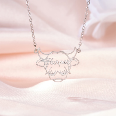 Personalized Boho Highland Cow Name Necklace, Sterling Silver 925 Dainty Women's Jewelry, Birthday/Anniversary Gift for Her/Mom/Highland Cow Lovers