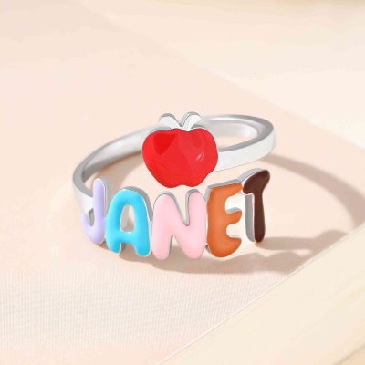 Personalized Apple Bubble Teacher Name Ring, Cute Sterling Silver 925 Adjustable Open Ring, Appreciation/Back to School Gift for Teachers/Educators
