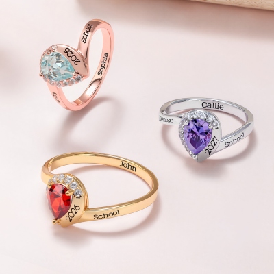 Custom Engraved Graduation Ring with Teardrop Birthstone, High School University Class Ring, Class of 2026 Graduation Jewelry, Gift for Graduates