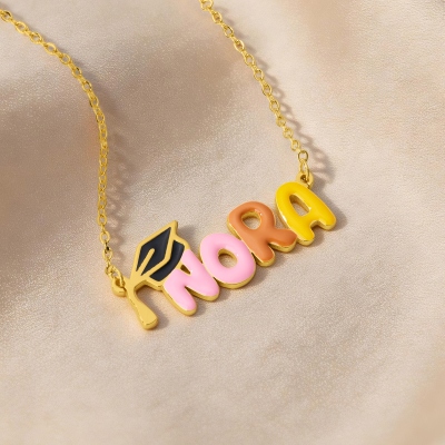 Personalized Name 3D Multicolor Enamel Bubble Letters Graduation Cap Necklace, Sterling Silver 925 Graduation Jewelry, Gift for Graduates/Classmates