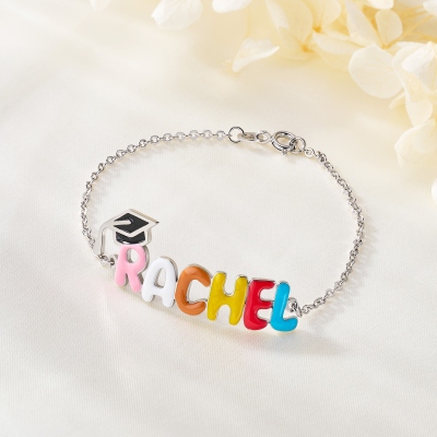 Personalized Name 3D Colorful Enamel Bubble Letters Graduation Cap Bracelet, Sterling Silver 925 Graduation Jewelry, Gift for Graduates/Classmates