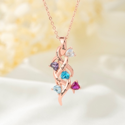 Custom Twisted Vine Family Heart Birthstones Necklace with Names, Romantic Sterling Silver 925 Jewelry, Birthday/Anniversary Gift for Mom/Family/Her