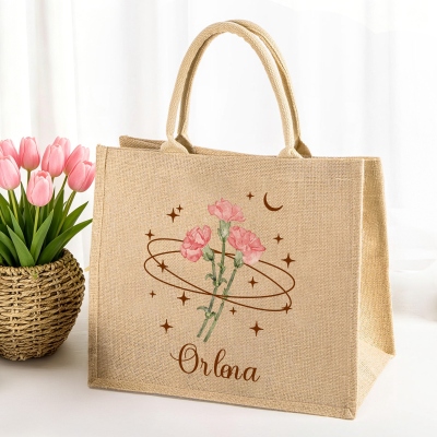 Custom Name Celestial Birth Flower Burlap Tote Bag, Large Capacity Jute Handbag, Women’s Beach Tote, Birthday/Mother’s Day Gift for Her/Mom/Besties