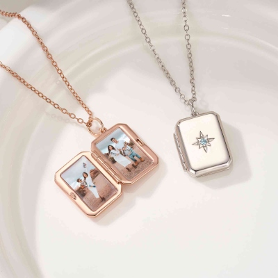 Personalized Photo Locket Necklace with Birthstone, Dainty Picture Pendant Jewelry with Engraved Text, Birthday/Anniversary Gift for Her/Mom/Grandma