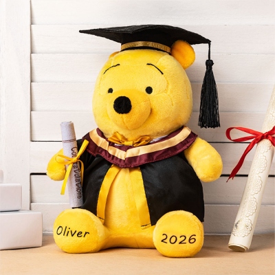 Personalized Classic Winnie the Pooh Graduation Bear Plush Toy with Name or School Badge, Cute Party Photo Prop Favor, Memory Gift for Grads/Teens