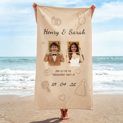 Personalized Names & Date Couple’s Childhood Photos Beach Towel, Quick Dry Microfiber Pool Towel, Engagement/Wedding Gift for Engaged Couple/Newlyweds