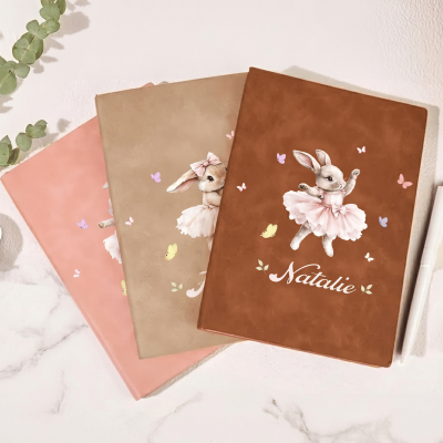 Personalized Watercolor Ballerina Bunny Notebook with Name, Multicolor A5/A6 PU Leather Journal, Birthday Gift for Dancers/Dance Teachers
