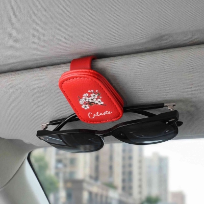 Personalized Name Birth Flower Car Sunglass Holder, Multicolor Sun Visor PU Leather Magnetic Clip for Sunglasses, Birthday/Vacation Gift for Her/Him