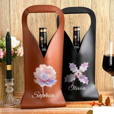 Custom Mother of Pearl Effect Birth Flower Wine Tote with Name, PU Leather Wine Protective Carrier Bag, Dinner Party Favor, Gift for Her/Mom/Friends
