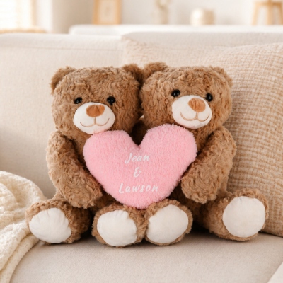 Custom Names Hugging Teddy Bears with Pink Heart, Romantic Plush Bear Dolls, Stuffed Animals, Anniversary/Valentine’s Day Gift for Her/Wife/Couple