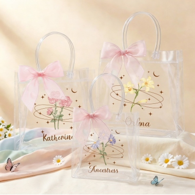 Personalized Name Celestial Birth Flower Gift Bag with Bow Ribbon, PVC Transparent Bag, Birthday/Wedding Gift for Women/Bridesmaids