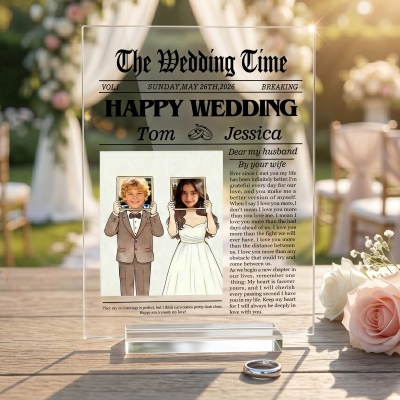 Personalized Photo New York Times Style Wedding Acrylic Plaque with Name, Romantic Marriage Announcement, Party Desk Decor, Gift for Couple/Newlyweds