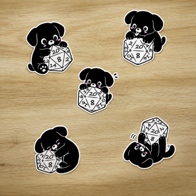 Waterproof Black Dog D20 Dice Stickers Pack, Cute TTRPG Coated Paper Self-Adhesive Decals for Laptop, Water Bottle, Phone, Journal, Refrigerator