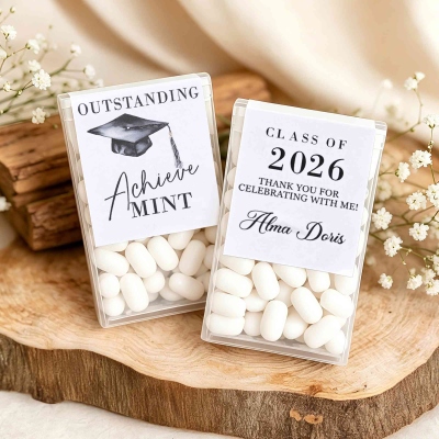 Personalized Name & Year Bow Graduation Cap Mint Case Labels, Class of 2026 Graduation Party Favor Thank You Stickers, Gifts for Guests/Family/Friends