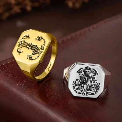 Personalized Victorian Initial Men's Signet Ring, Custom Letter Ring with Inner Band Engraving, Birthday/Father's Day Gift for Husband/Dad/Grandpa