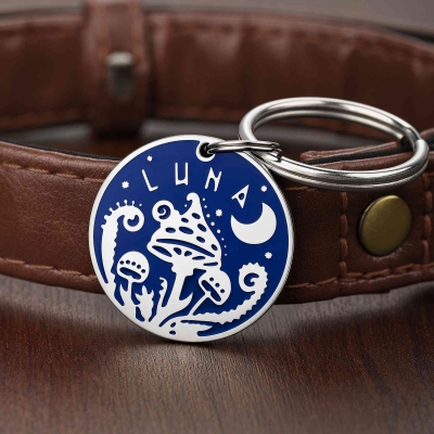 Personalized Engraved Pet Name Mushroom Moon ID Tag, Retro Style Anti-loss Dog/Cat Collar Charm with Custom Backside Text, Gift for Pet Owners/Lovers