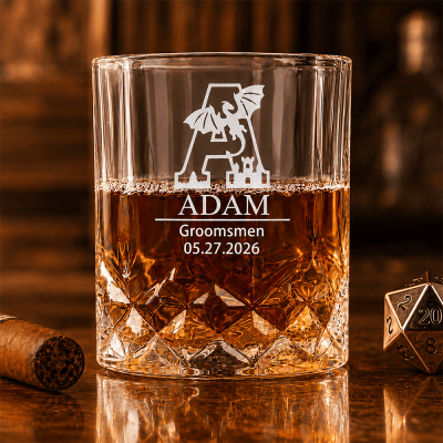 Custom Dragon Whiskey Glass with Printed Name & Date, Personalized TTRPG Rock Glass, Groomsmen Proposal Gift