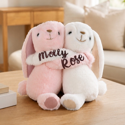 Personalized Names Rose Scented Hugging Bunny Dolls, Two Independent Plush Bunnies, Stuffed Toys, Anniversary/Easter Gifts for Couple/Besties/Kids