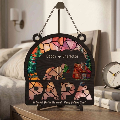 Personalized Names Papa Bear & Cub Stained Glass Suncatcher, Colorful Acrylic Window Hanging, Home Decor, Father’s Day Gift for Husband/Dad/Grandpa