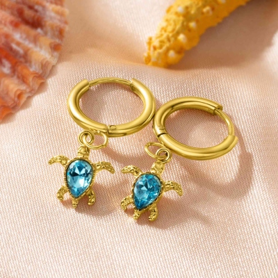 Personalized Sea Turtle Birthstone Dangle Earrings, Dainty Ocean Huggie Hoop Lucky Jewelry, Birthday/Anniversary Gifts for Her/Friends/Besties