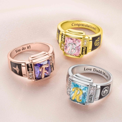 Custom Engraved Graduation Symbol Initial Class Ring with Birthstone & Year, Class of 2026 High School/College Graduation Jewelry, Gift for Graduates
