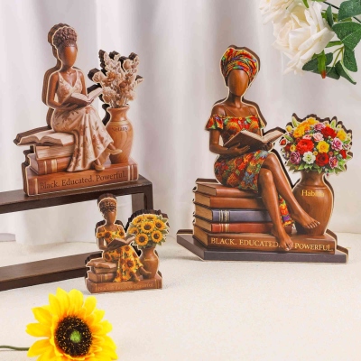 Custom Black Women Educated Powerful Wooden Tabletop Decor with Name, Inspirational Floral Reading Block Ornament, Gift for Black Women/Book Lovers