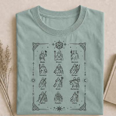 DND 12 Character Classes T-Shirt, Fantasy RPG Class Chart Tee, D20 Gamer Shirt, Gift for Dungeon Masters, Players & Party Members