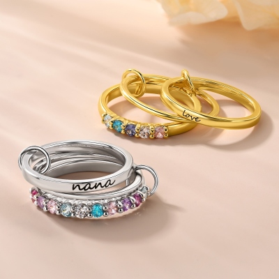 Custom Birthstone Interlocking Triple Stackable Ring with Name, Dainty Sterling Silver 925 Ring, Sentimental Family Jewelry, Birthday Gift for Mom/Her