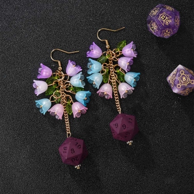 Handmade 3D Printed Resin D20 Dice Dangle Earrings, Gradient Bellflower Floral Drop Earrings, Lightweight DND Jewelry for Ren Faire & Fantasy Lovers