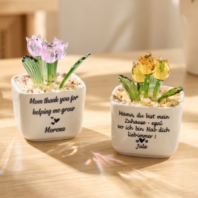 Personalized Everlasting Tulips Glass Planter, Colorful Hand Blown Mom Flower Pot with Message, Home Decor, Birthday/Mother's Day Gift for Mom/Grandma
