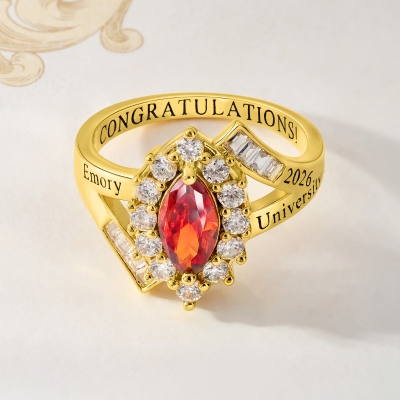 Personalized Engraved Graduation Ring with Marquise Birthstone, Class of 2026 Graduation Jewelry, High School/College Class Ring, Gift for Graduates